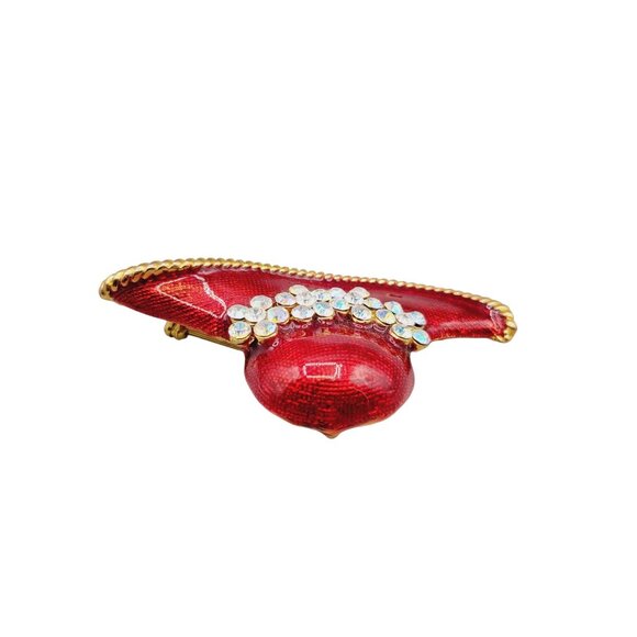 Red Floppy Hat Brooch Pendant Combo Enamel Rhinestones Gold Braid Trim - Picture 4 of 6